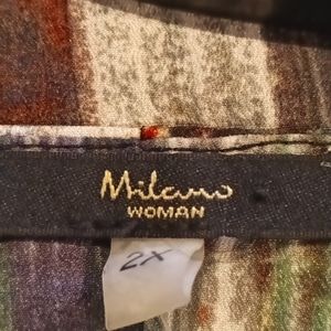 NWT MILANO brown multi-colored sleeveless blouse w pleated bib Sz 2X